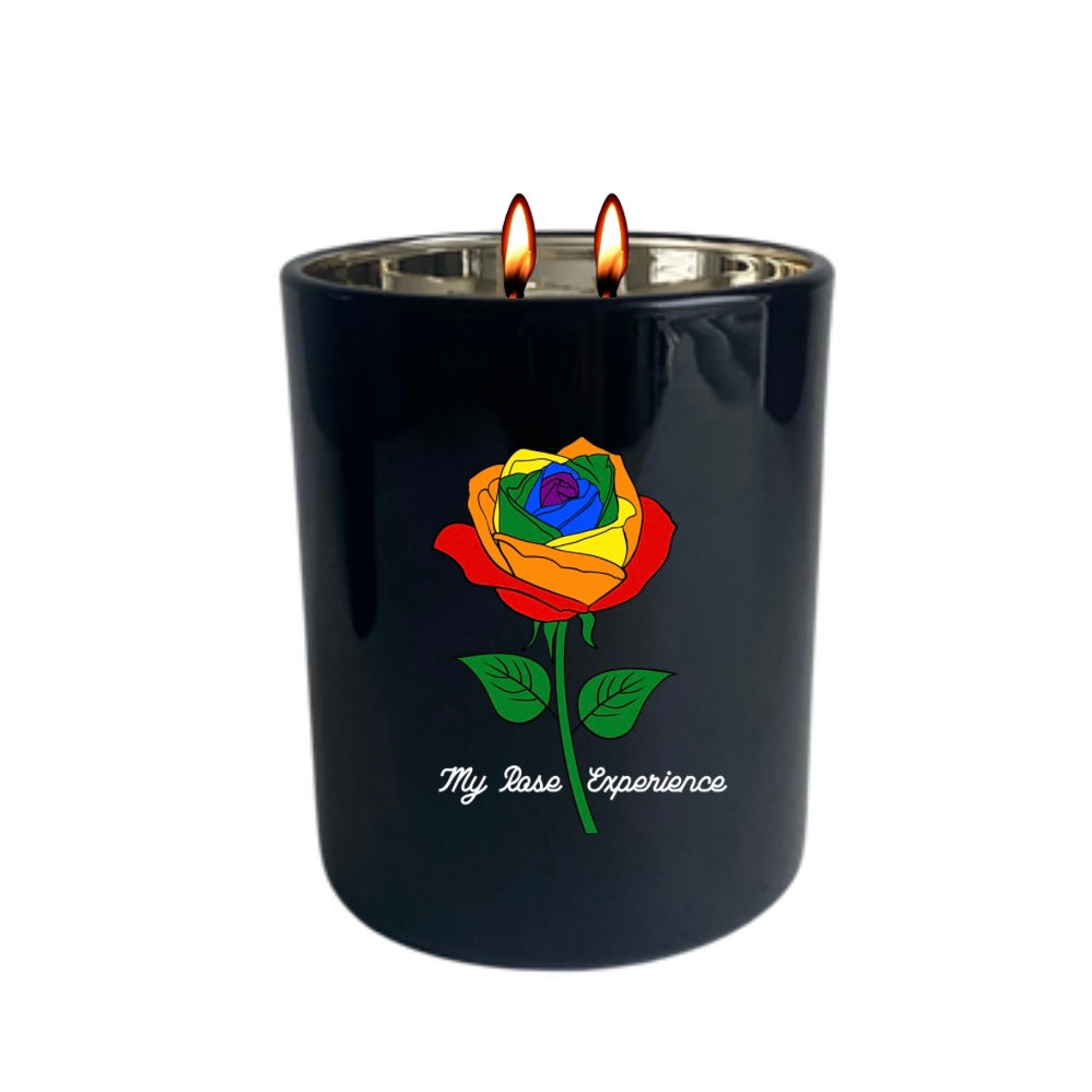 Hand-poured My Rose Experience candle with a label featuring a vibrant rainbow rose, representing our commitment to inclusivity and acceptance for the LGBTQ+ community