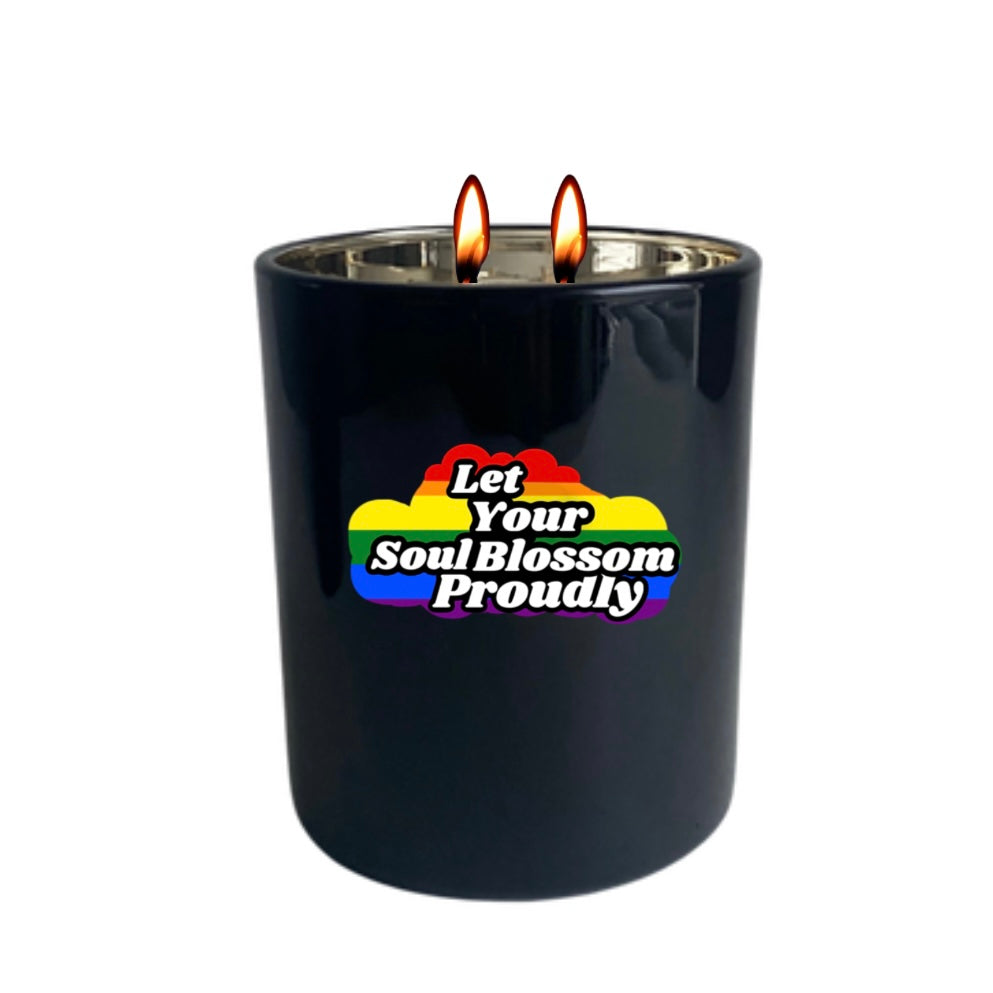 Hand-poured My Rose Experience candle with a label featuring a vibrant Let Your Soul Blossom Proudly rainbow cloud, representing our commitment to inclusivity and acceptance for the LGBTQ+ community