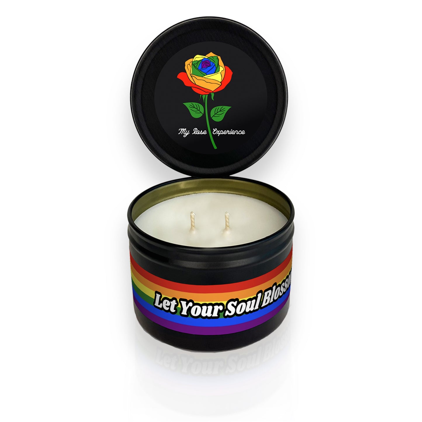 6 ounce Rainbow rose My rose experience mini candle with Let your soul blossom proudly LGBTQ+ rainbow pride flag round the candle tin
