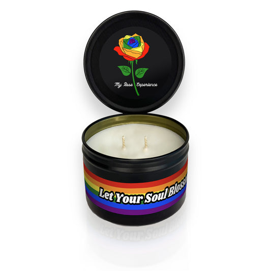 6 ounce Rainbow rose My rose experience mini candle with Let your soul blossom proudly LGBTQ+ rainbow pride flag round the candle tin