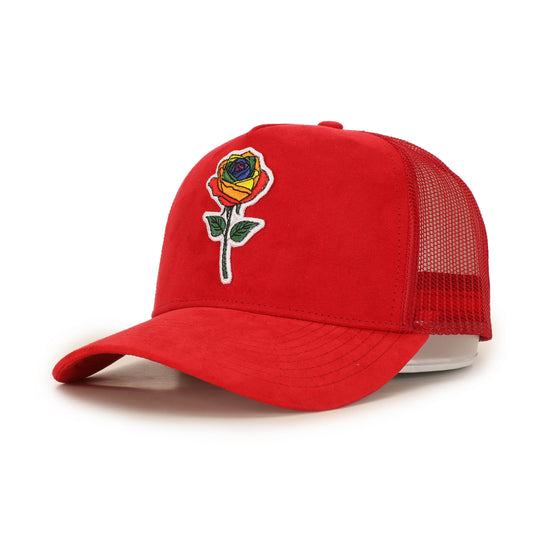 Red suede lgbtq+ blossoming rainbow rose my rose experience trucker hat 