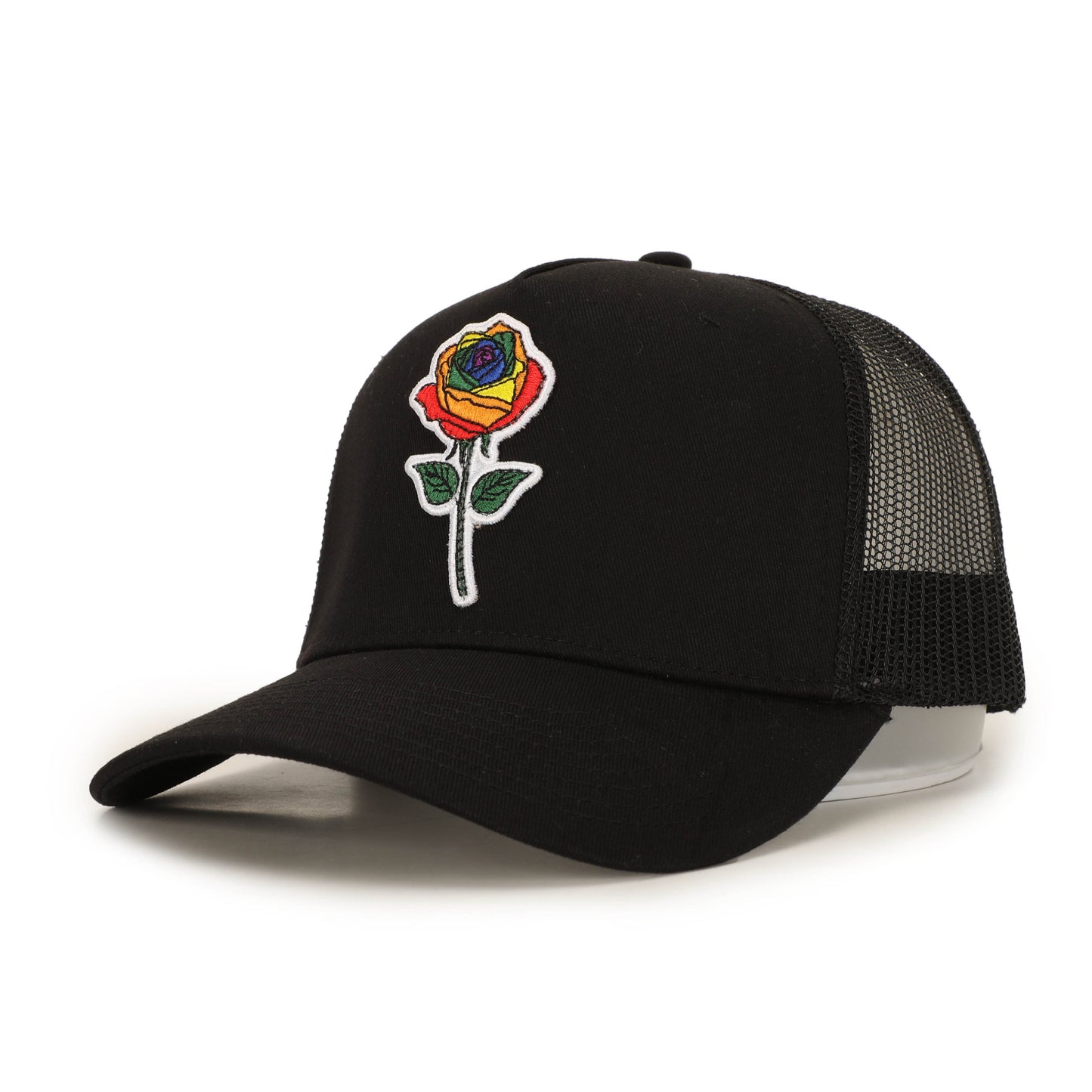 Black cotton lgbtq+ blossoming rainbow rose trucker hat 