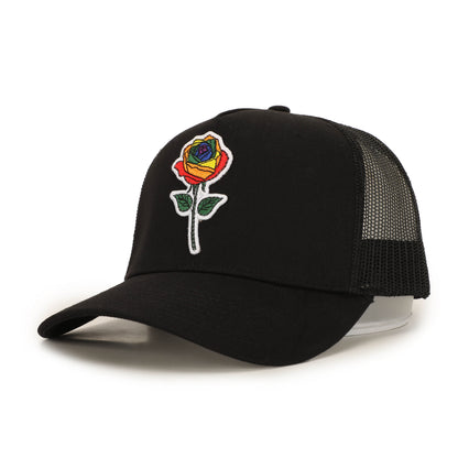 Black cotton lgbtq+ blossoming rainbow rose trucker hat 